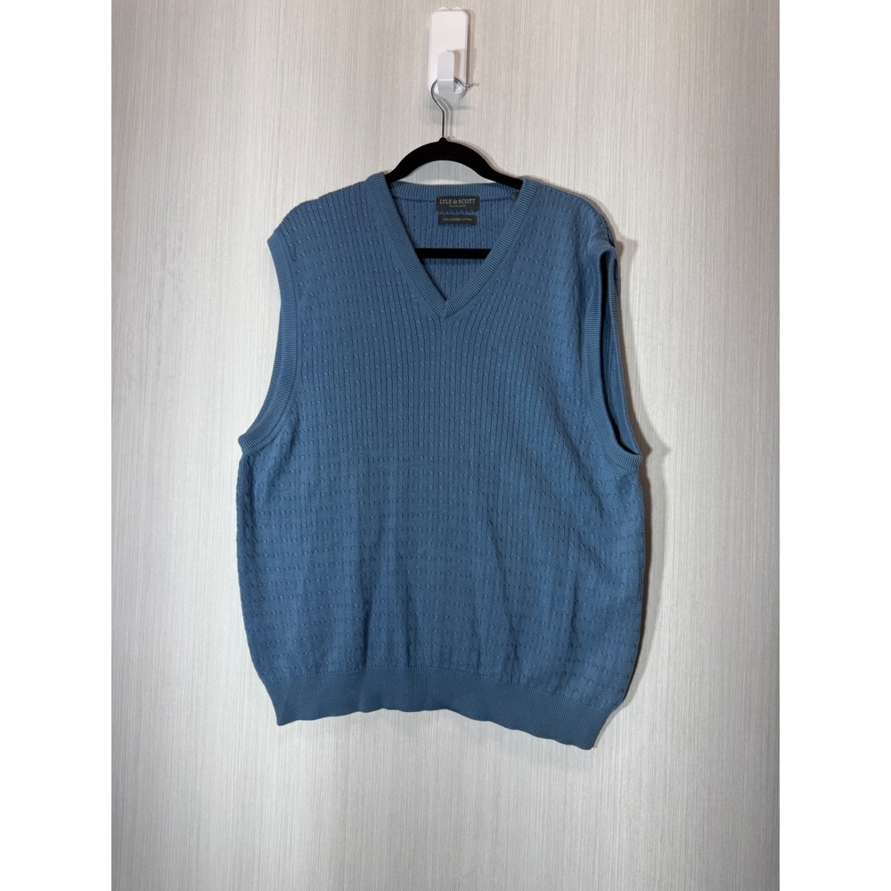 Lyle & Scott Scotland Mens Blue 100%Combed Cotton Cable Knit V-Neck Sweater Vest
